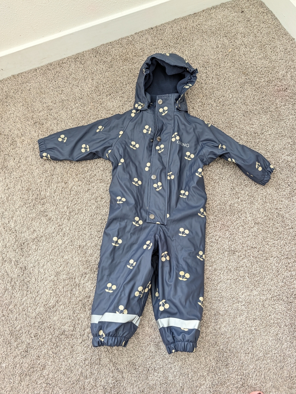 Kuling Navy Blue One-Piece Waterproof Kids Snowsuit with Cream Cherry Print